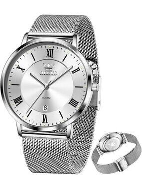 Men's Silver Analog Quartz Mesh Strap Luxury Luminous Waterproof Round Watch